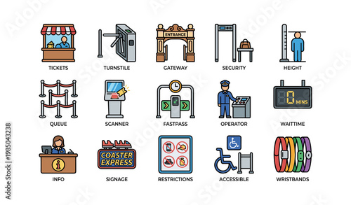 Amusement park icon set: tickets, security, accessibility, queue, fastpass