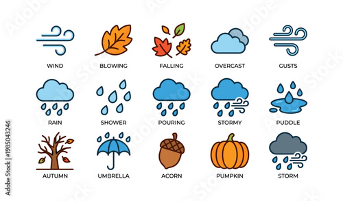 Weather icons: wind, rain, autumn, and storm symbols