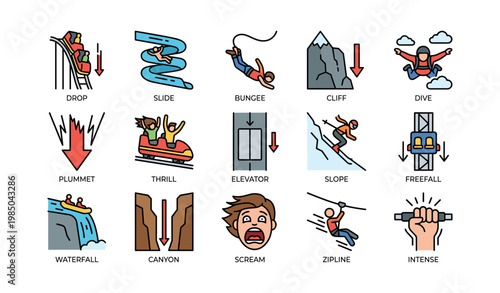 Adventure icons: bungee diving, cliff jumping, ziplining, waterfall rafting, skiing