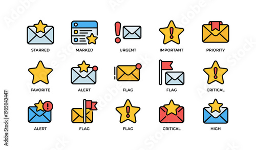 Email notification icons with stars flags alerts and priority symbols