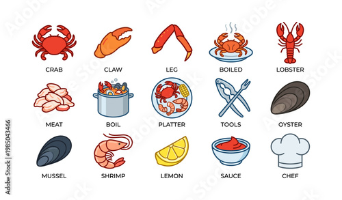 Seafood icons: crab, lobster, shrimp, oysters, and cooking tools