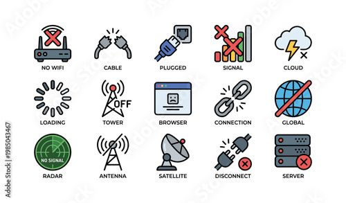 Set of technology and connectivity icons including signal, browser, and antenna symbols