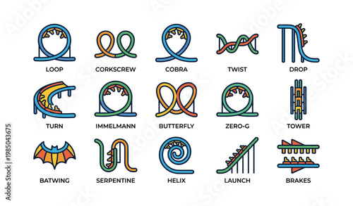 Amusement park roller coaster elements: loop, corkscrew, cobra, twist, drop
