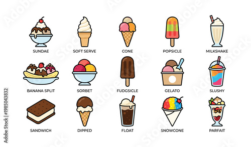 Illustrated ice cream selection featuring sundae, popsicle, gelato, and more