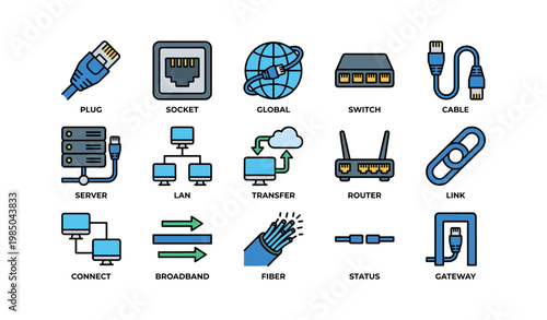 Networking icons: plug, socket, global, switch, cable with router and lan graphics