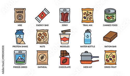 Survival essentials: mres, snacks, beverages, and cooking supplies