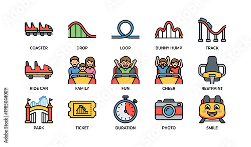 Colorful amusement park icons with roller coasters and happy families