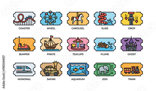 Colorful amusement park ticket icons featuring rides and attractions
