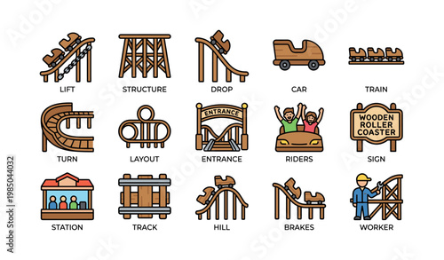Wooden roller coaster icons set with cars, tracks, and riders celebrating