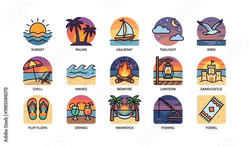 Colorful beach icons set featuring sunset, palms, sailboat, twilight, and more