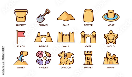 Beach sandcastle elements: bucket, shovel, sand, tower, moat, flags, bridge, wall, gate, mold
