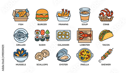 Variety of seafood and fast food dishes including fish, sushi, tacos, and paella