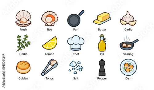 Cooking essentials icons – shells, pan, butter, garlic, herbs, lemon, chef’s hat, oil, salt, pepper, dish