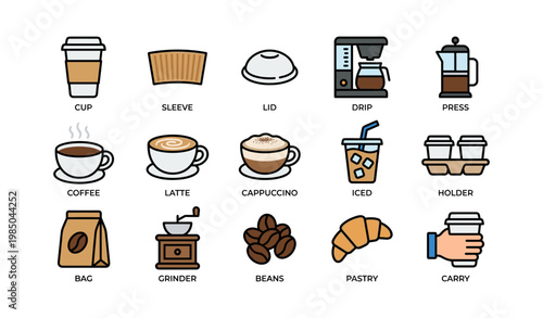 Coffee icons set featuring cups, machines, beans, and pastries
