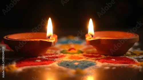 Two lit diyas on a colorful rangoli during Diwali festival celebration.
