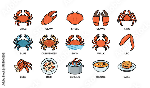 Variety of crabs and crab dishes with icons of claws, shells, and cooked delicacies
