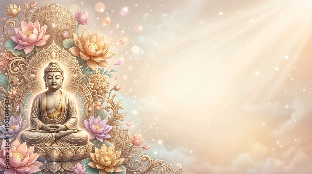 Obraz premium Vintage 3D Buddha Purnima Background with Ornate Gold Filigree
