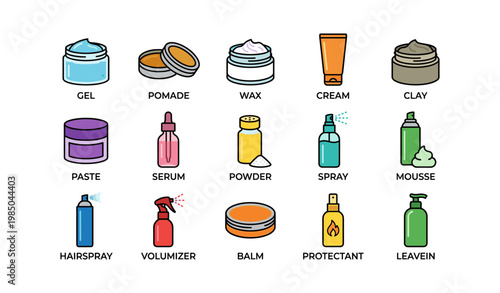 Hair styling products icons: gel, pomade, wax, cream, clay, paste, serum, powder, spray, mousse