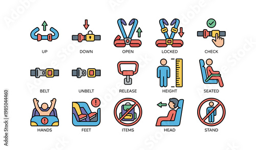 Car safety icons: seatbelt, harness, passenger guidelines, safety measures