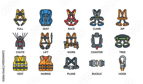 Various safety harness types including climb, zip, and marine designs