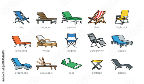 Collection of various outdoor chairs including folding, deck, and chaise designs