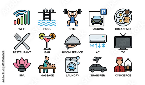Hotel amenities icons: wi-fi, pool, gym, parking, breakfast, restaurant, bar, room service, ac, tv