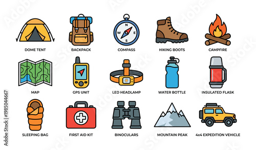 Outdoor adventure icons set featuring camping gear and hiking essentials
