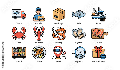 Seafood delivery icons featuring courier and package elements