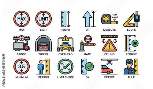 Traffic sign icons: limits, measurements, safety alerts and regulations