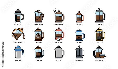 Diverse french press designs and brewing stages illustrated in icon set