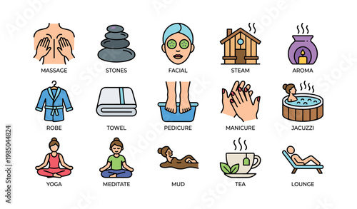 Spa and relaxation icons: massage, facial, steam, and more