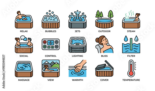 Spa icon set: relaxation, jets, massage, outdoor, temperature