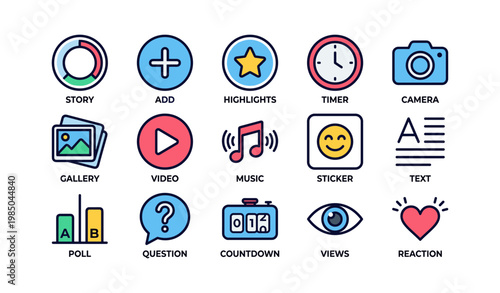 Social media interface icons: story, add, highlights, timer, and more