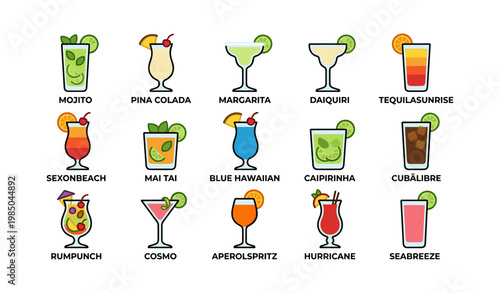 Collection of classic cocktails with garnishes on transparent background