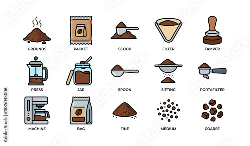 Coffee preparation icons: grounds, packets, scoops, and more
