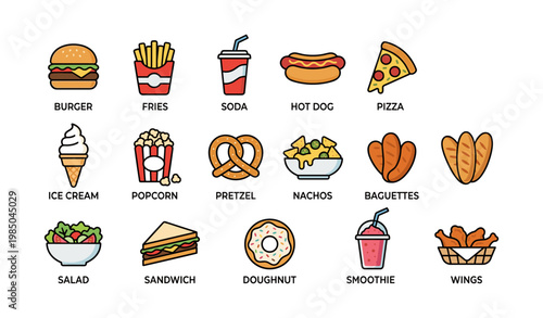 Assorted fast food and snacks: burger, fries, pizza, ice cream, and more