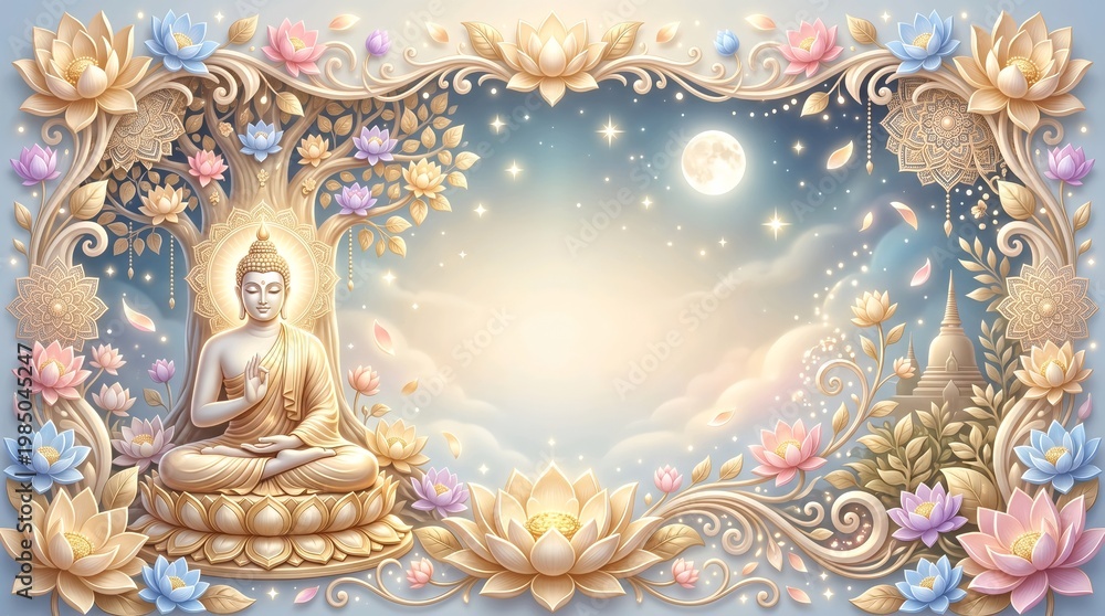 Fototapeta premium Buddha Purnima 3D Frame Background with Lotus and Copy Space