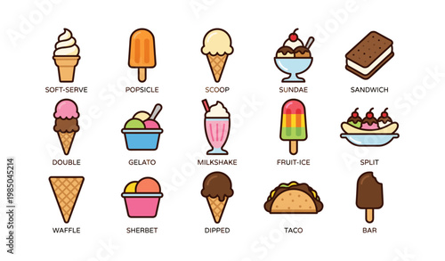Variety of ice cream desserts illustrated with different types and styles