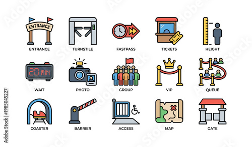 Amusement park icons set: entrance, fastpass, tickets, rides, vip access, security