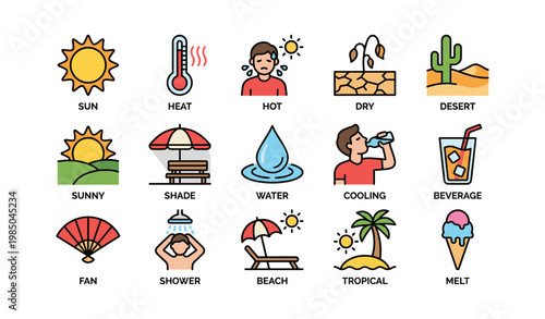 Icons of heat and refreshment: sun, desert, cooling and beach symbols