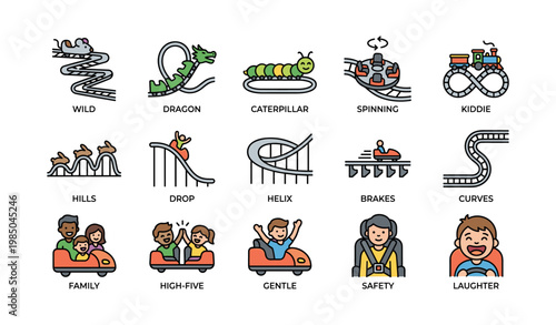 Amusement park ride icons featuring roller coasters and happy kids