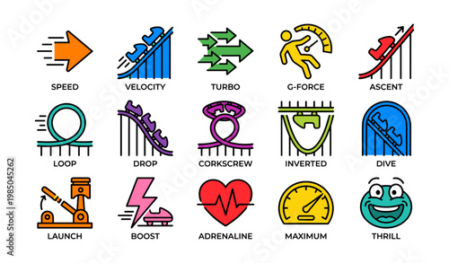 Colorful amusement park ride icons showing speed and thrill elements