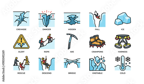 Mountaineering icons: crevasse, ice, safety gear, climbing challenges