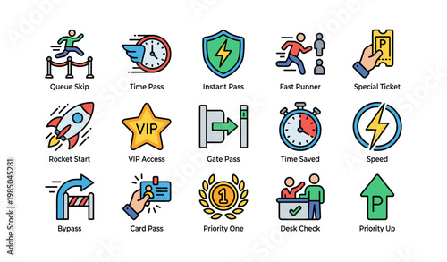 Set of premium access pass icons with time and priority themes