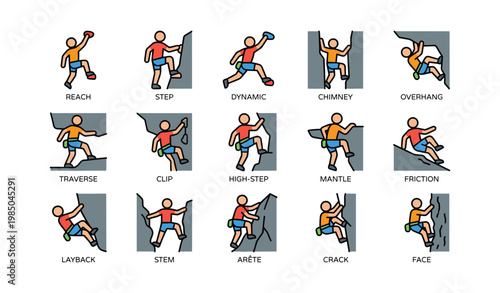 Stylized rock climbing techniques set with various poses and holds