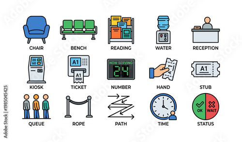 Waiting room objects and symbols: chair, bench, ticket machine, queue, time management