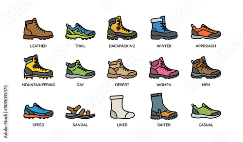 Diverse hiking footwear collection featuring various styles and functions