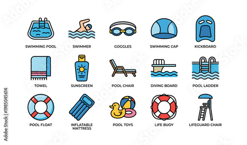 Swimming pool essentials: swim gear and accessories icons collection