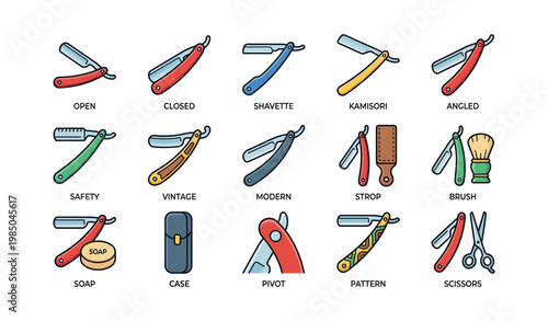 Variety of razors and grooming tools illustrated in colorful icons