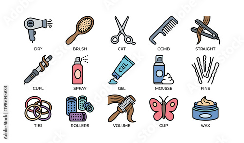 Hair styling tools collection featuring brushes, combs, and accessories